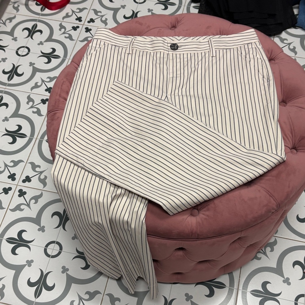 CAbi Navy and Cream Striped Cropped Pants